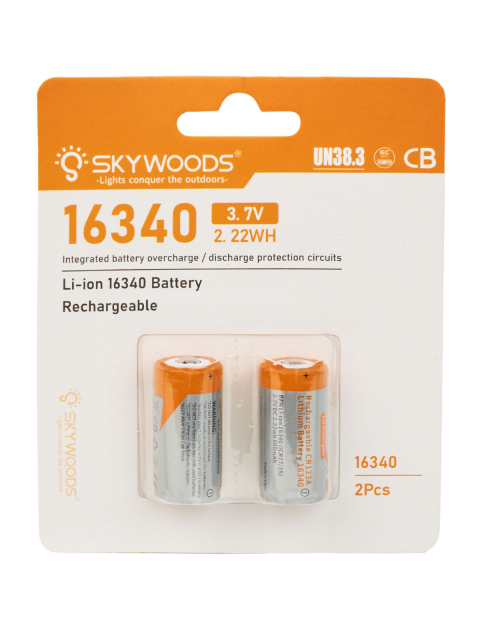 Аккумулятор SKYWOODS INR16340, 700mAh, до 1000 перезарядок, комплект - 2 шт.