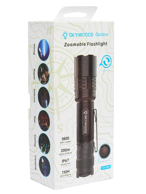 Ручной фонарь SKYWOODS TACTIC, 1800 люмен, USB-Type C, холодный свет, IP67